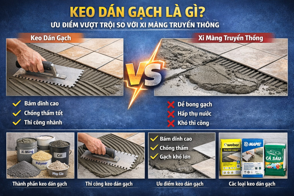 Keo dán gạch là gì? Ưu điểm vượt trội so với xi măng truyền thống 1 Keo dán gạch vs xi măng truyền thống